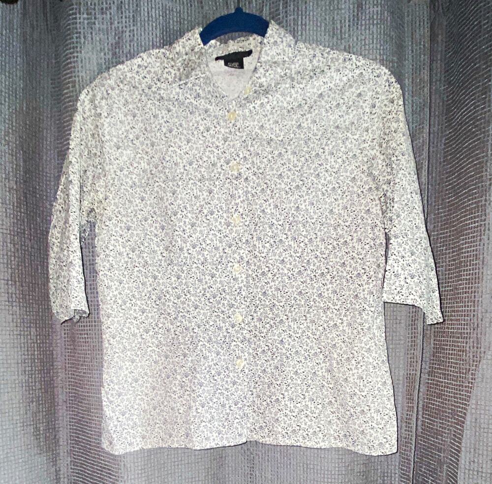Style&co. Women's White/Blue Floral Collared Button-Up Stretch Top Size 8